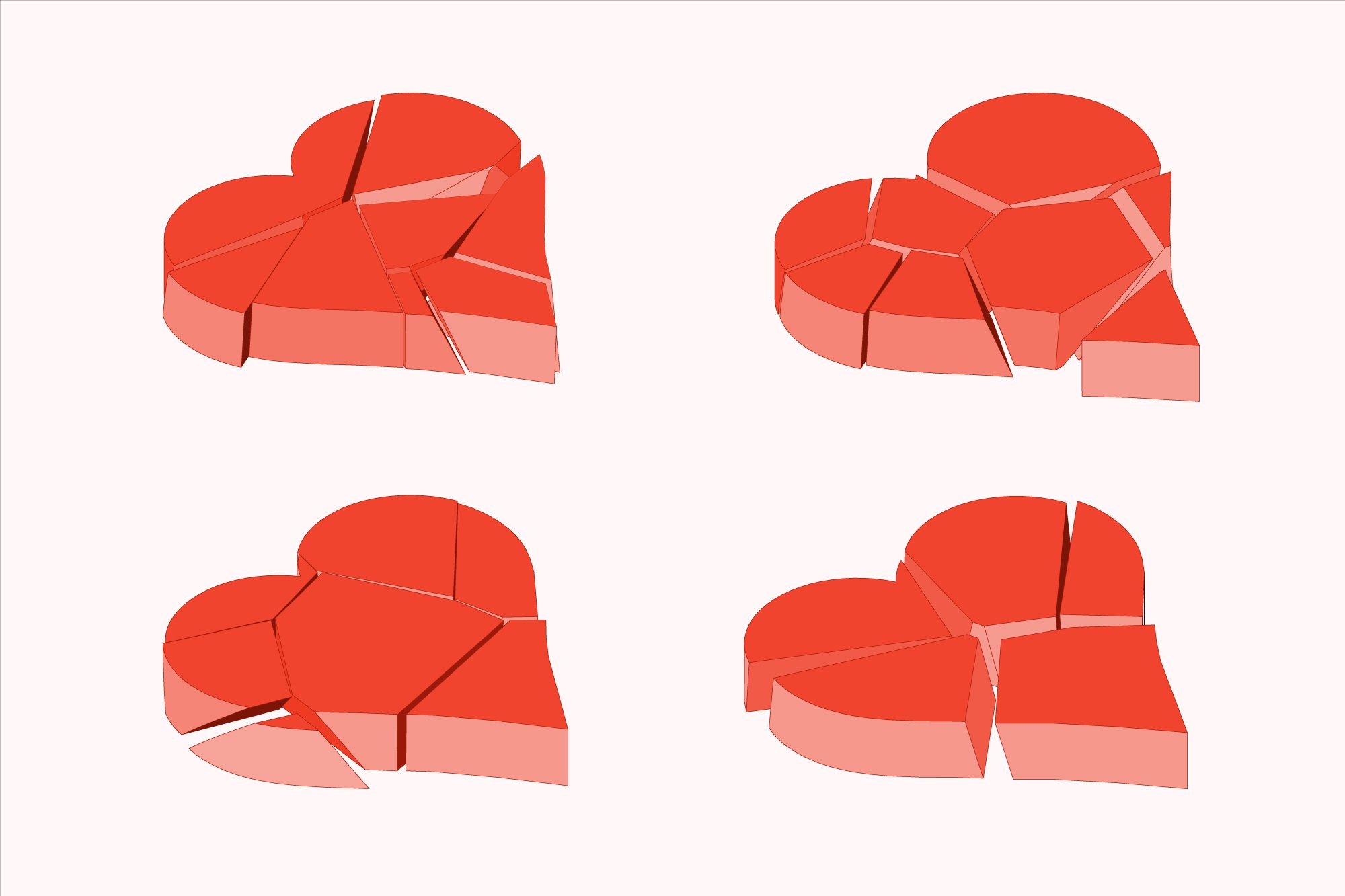 Set of red broken isometric hearts cover image.