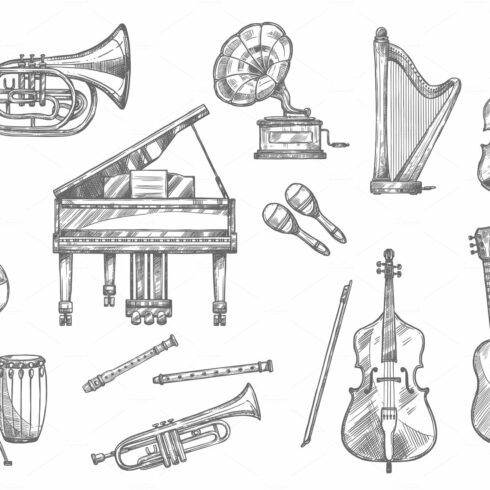 Musical instrument sketch of classic, jazz music cover image.