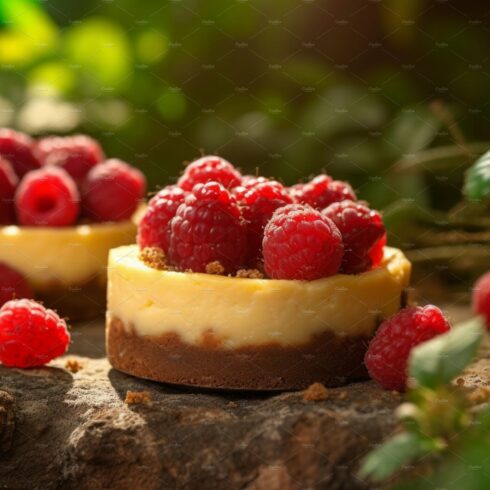 Close up of mini cheesecakes with cover image.