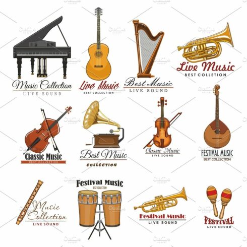 Musical instrument symbol set for music design cover image.
