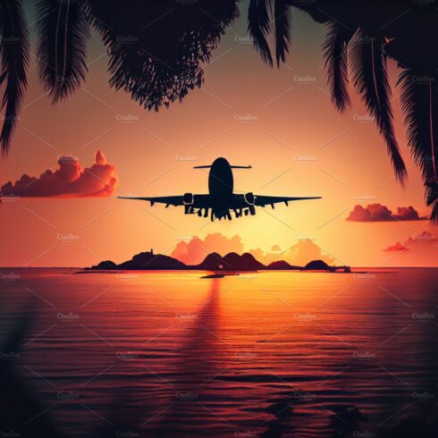 Airplane flying above tropical sea at sunset. Travel concept cover image.