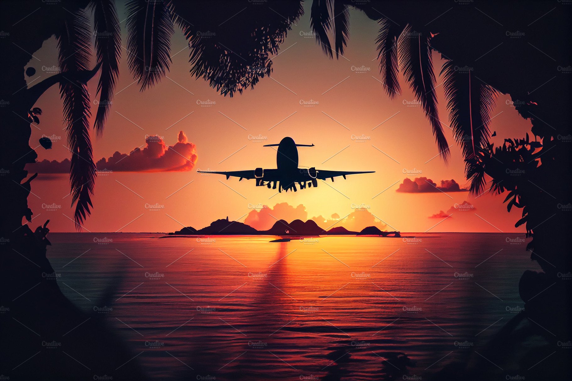 Airplane flying above tropical sea at sunset. Travel concept cover image.