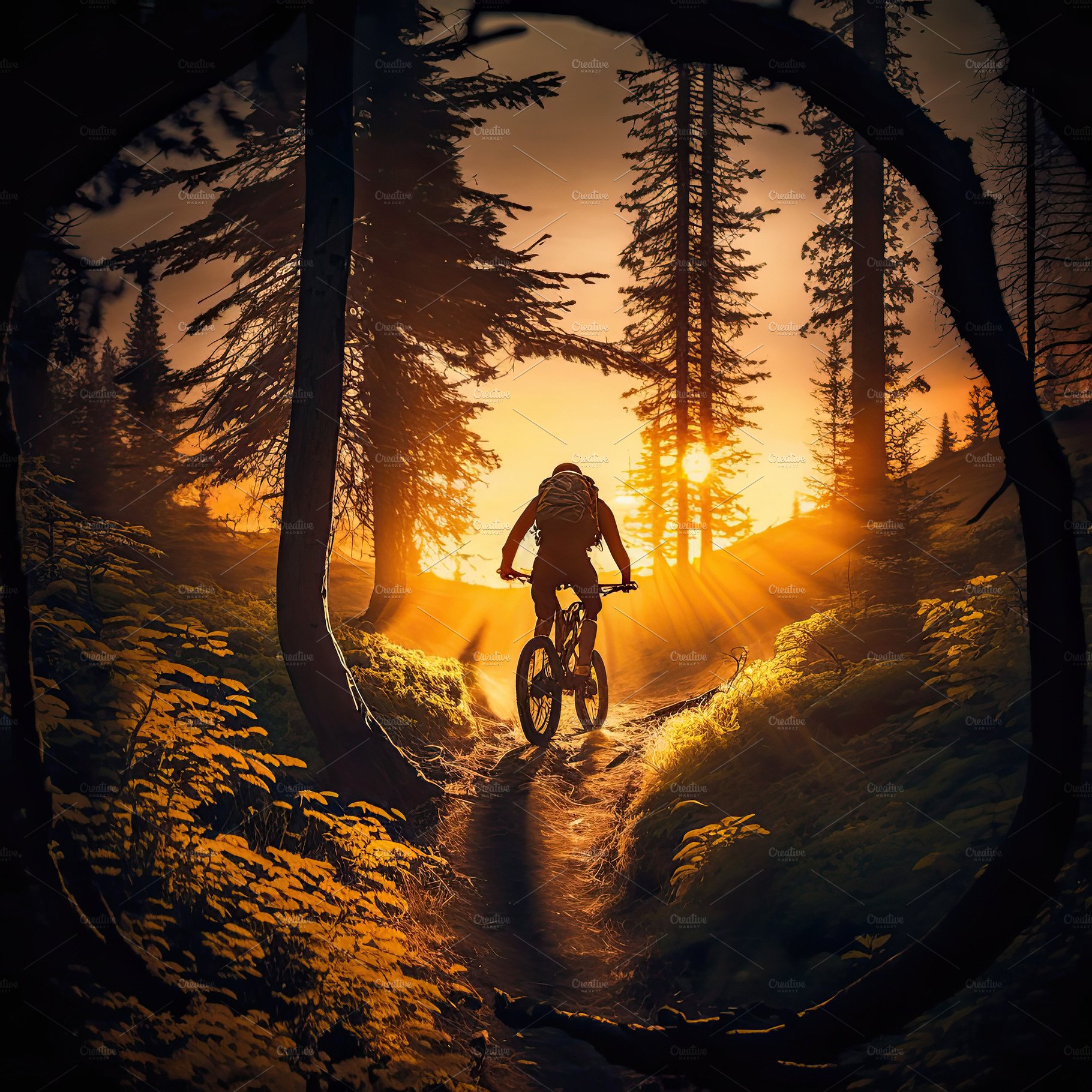 Silhouette Man Through the Forest Cycling During the Sunset . Ge preview image.