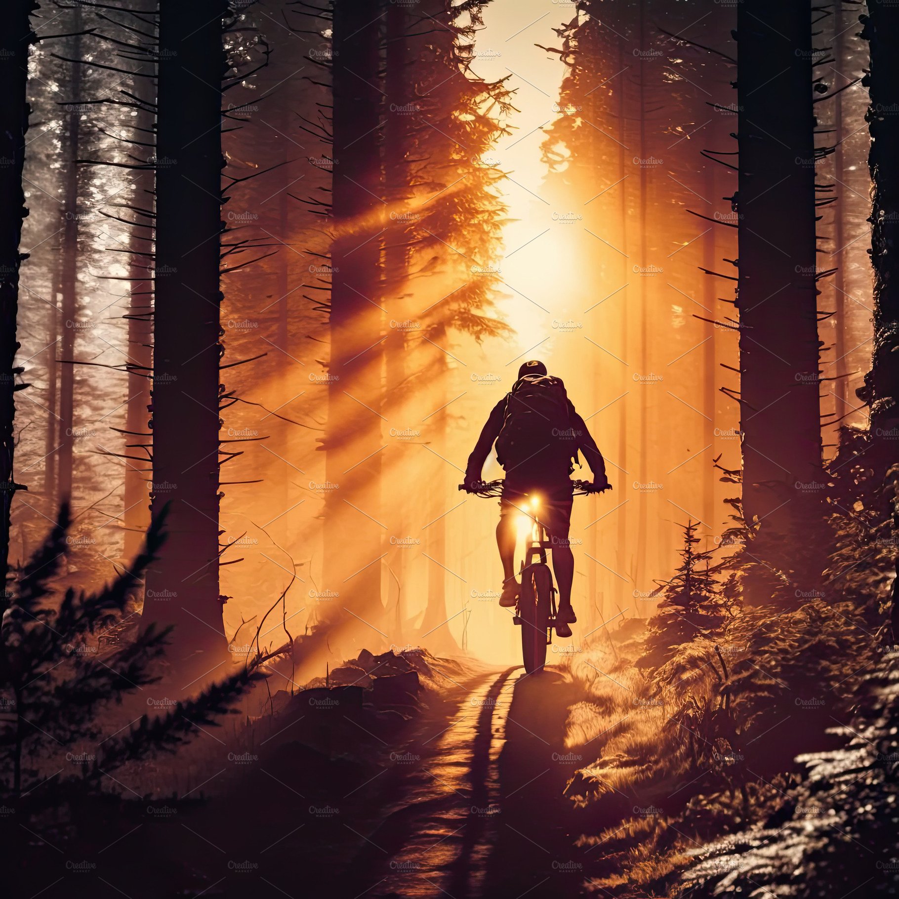 Silhouette Man Through the Forest Cycling During the Sunset . Ge cover image.