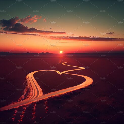 Heart shaped trail by plane in a sunset. Airplane flies above white clouds ... cover image.