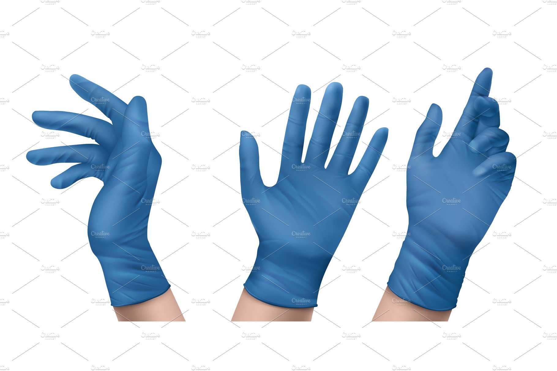 Blue nitrile medical gloves on hands cover image.