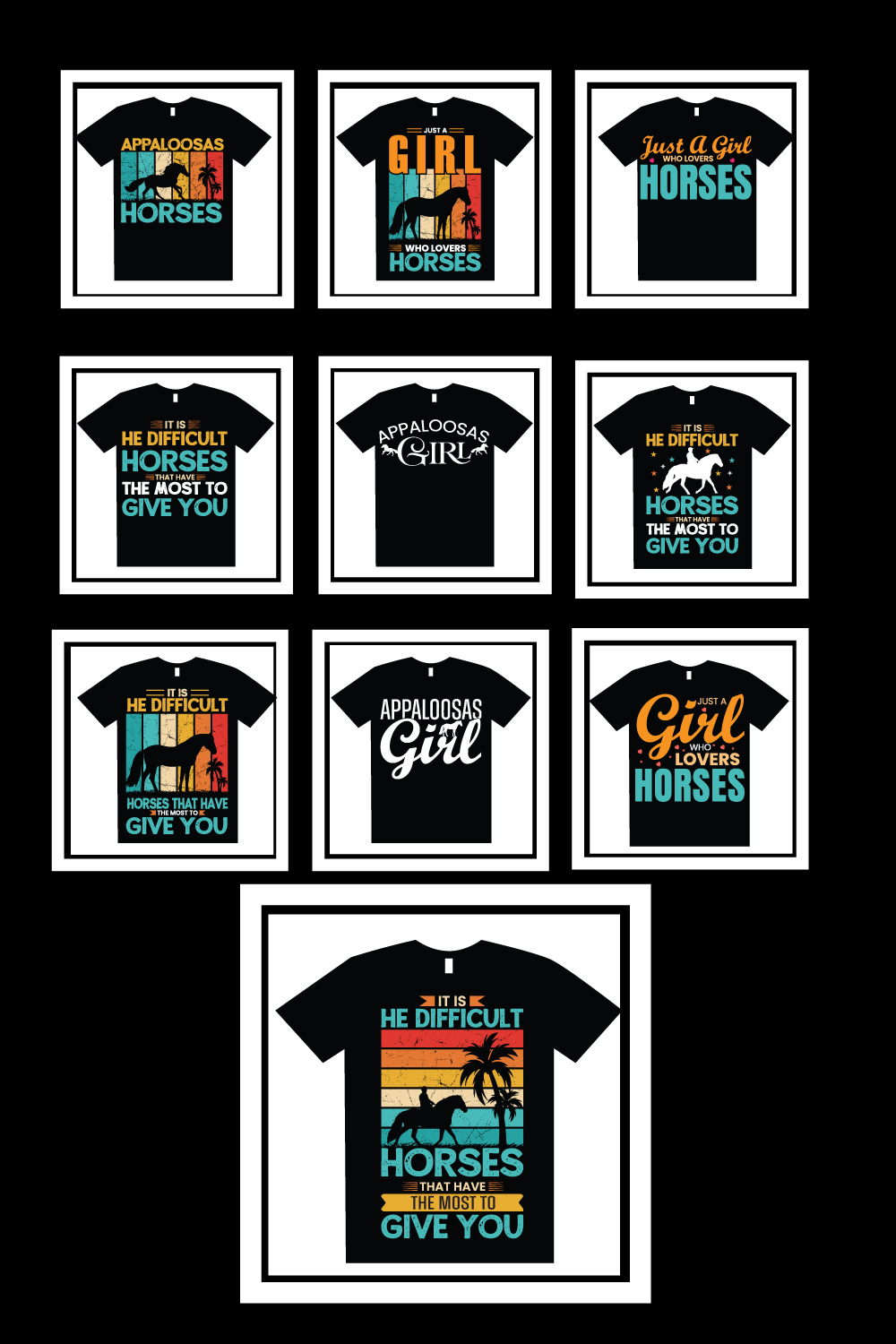 10 Print Ready HORSES t-shirt design bundle pinterest preview image.