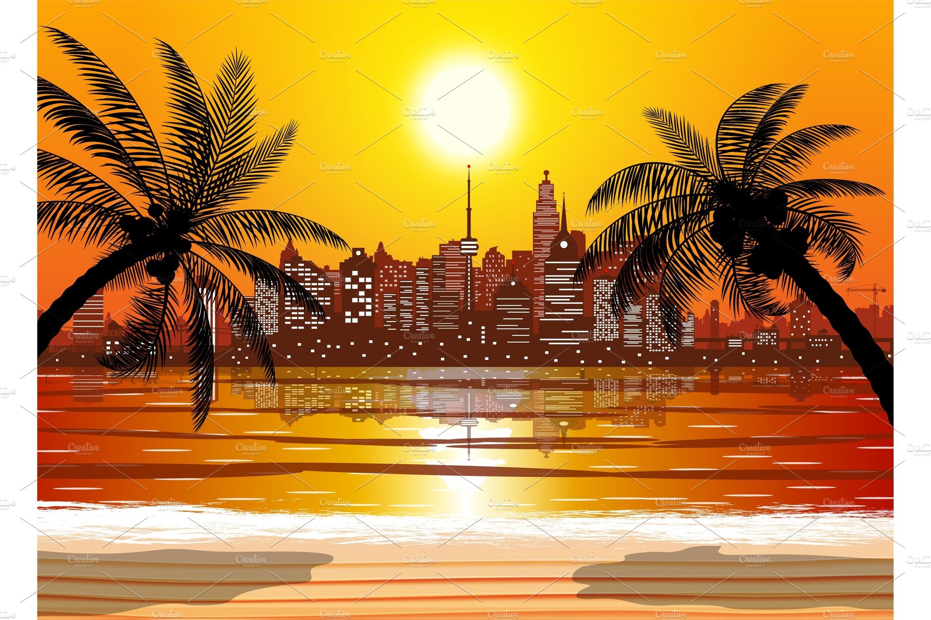 City skyline silhouette at sunset. cover image.