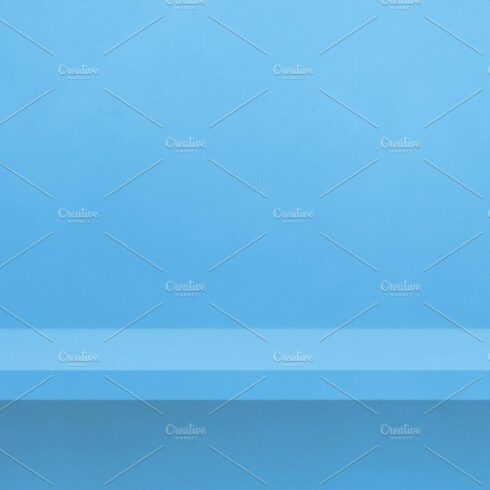 Empty shelf on a blue wall. Background template. Horizontal bann cover image.