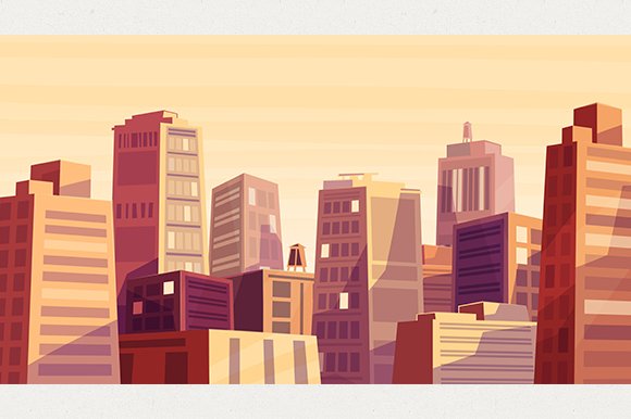 Sunset over cartoon city (Vector) cover image.
