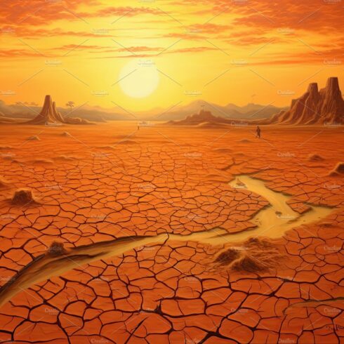 Dry land at sunset, representing drought and lack of water, climate change ... cover image.