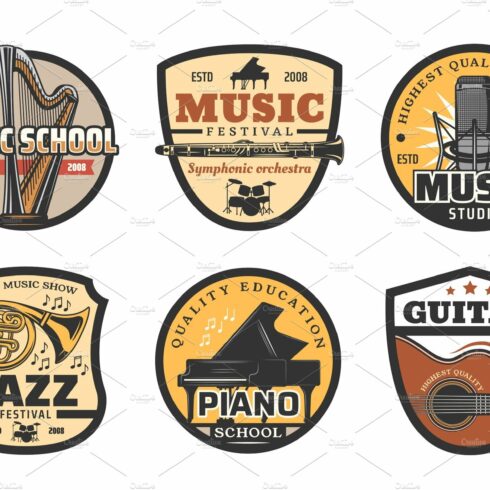 Musical instruments icons, music cover image.