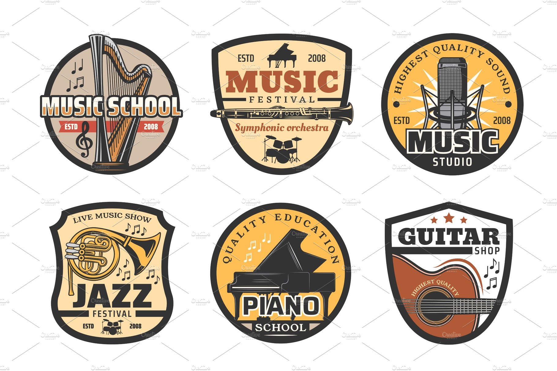 Musical instruments icons, music cover image.