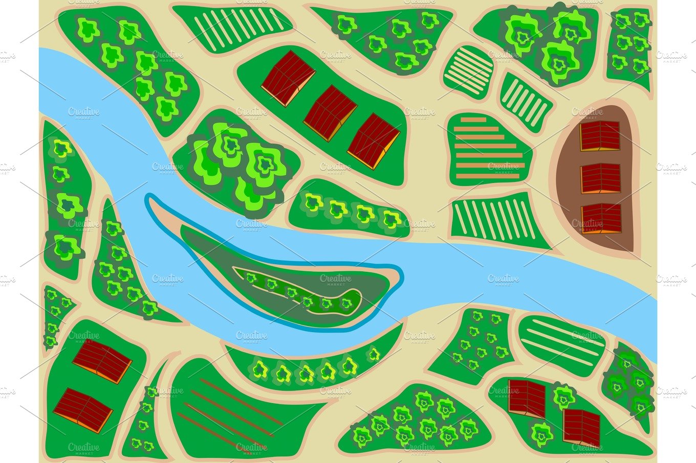 stylized map area top view river field greens cover image.
