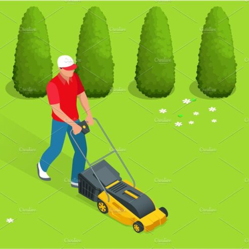 Man mowing the lawn with yellow lawn mower in summertime. Lawn grass servic... cover image.
