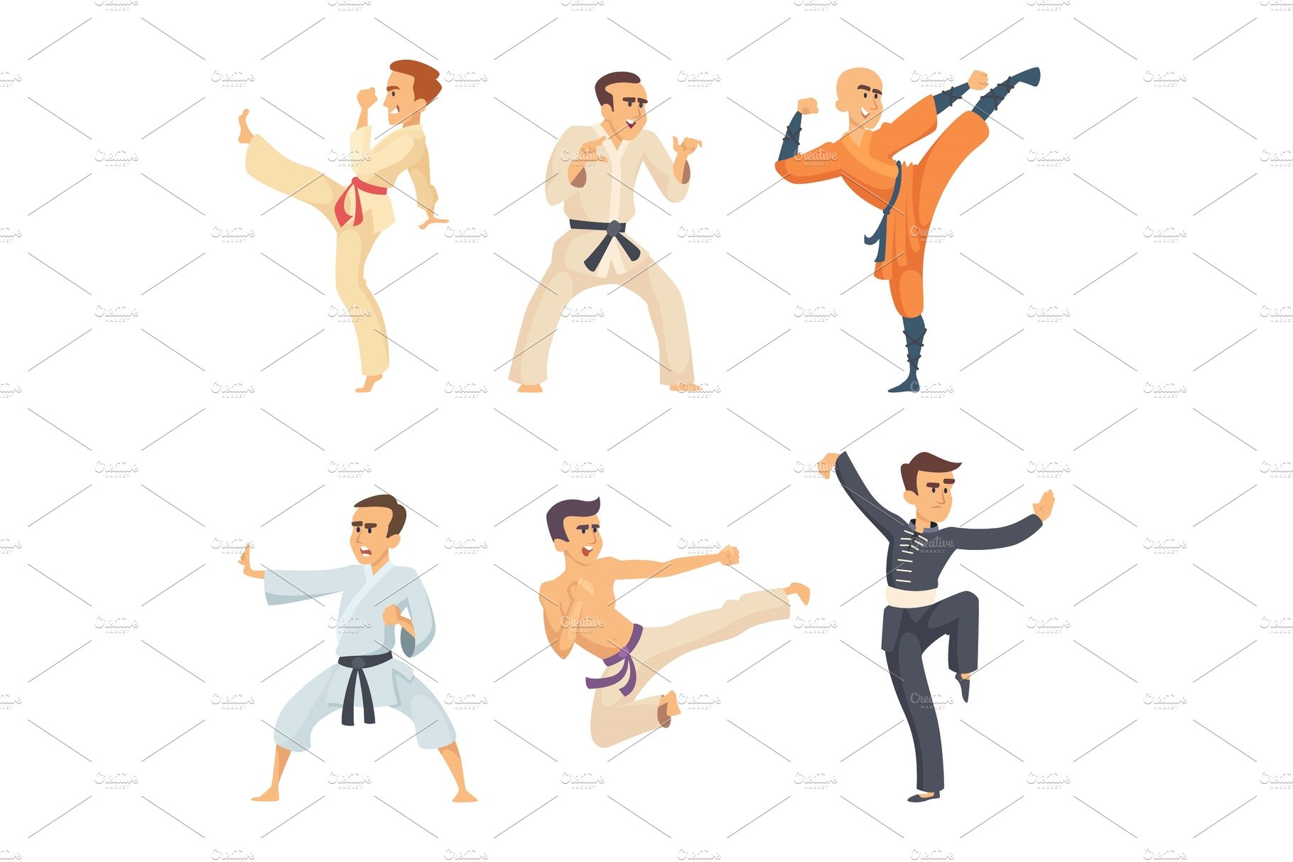 Sport fighters in action poses. Cartoon characters isolate on white background cover image.