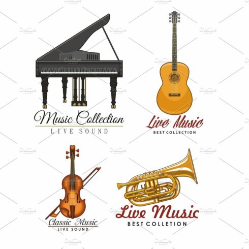 Vector icons set for music concert labels cover image.