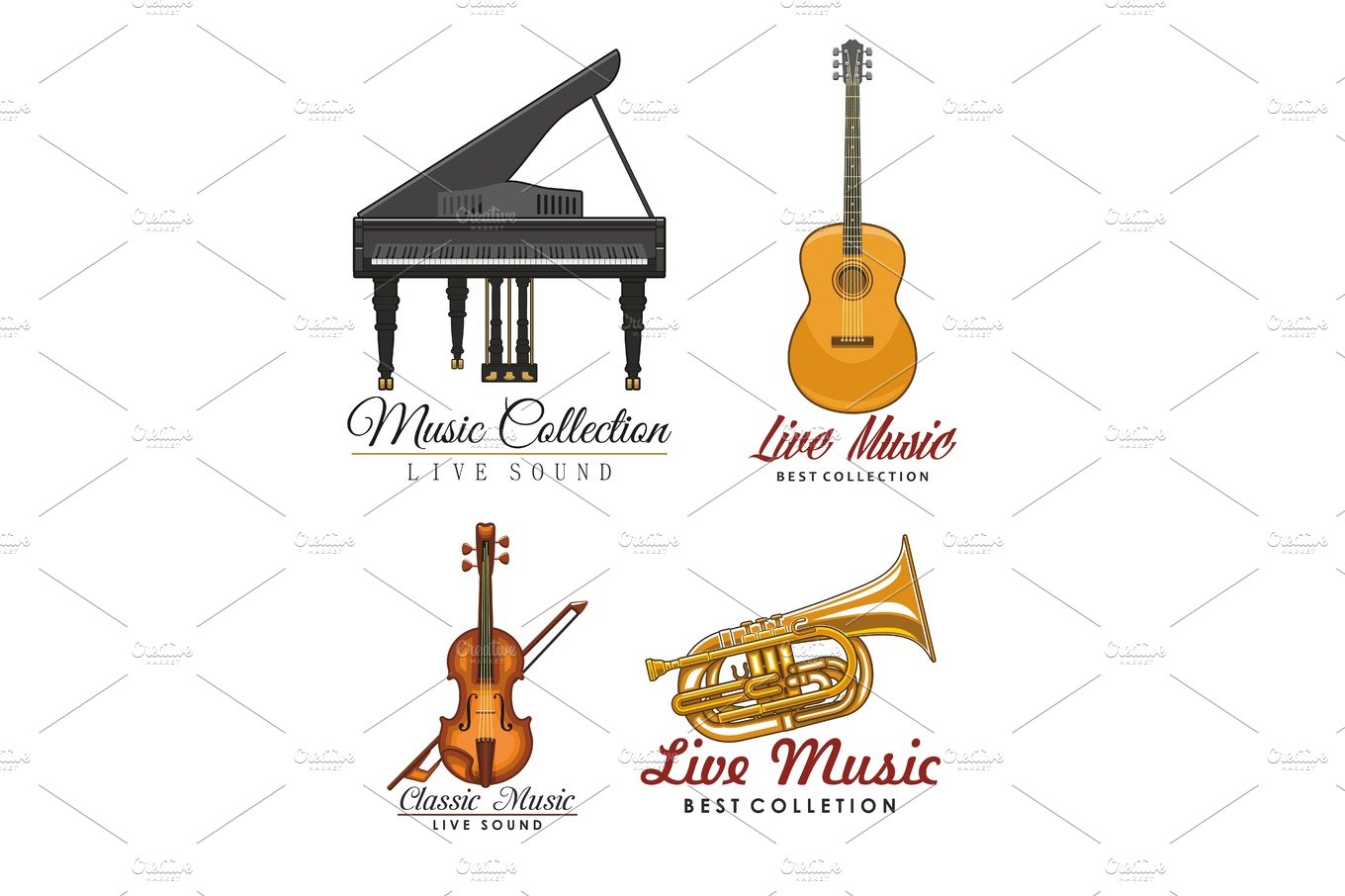 Vector icons set for music concert labels cover image.