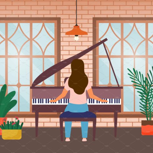 Young woman plays the piano at home cover image.