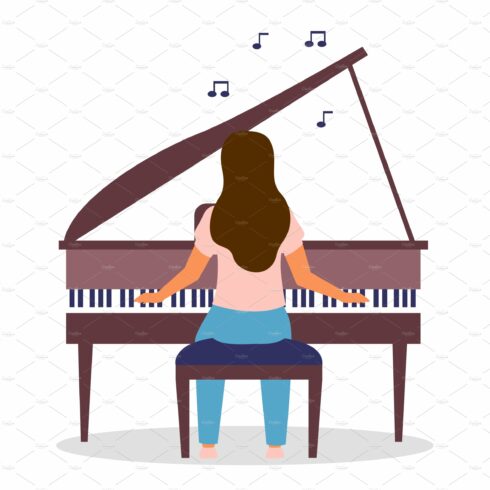 Isolated woman playing piano, vector cover image.