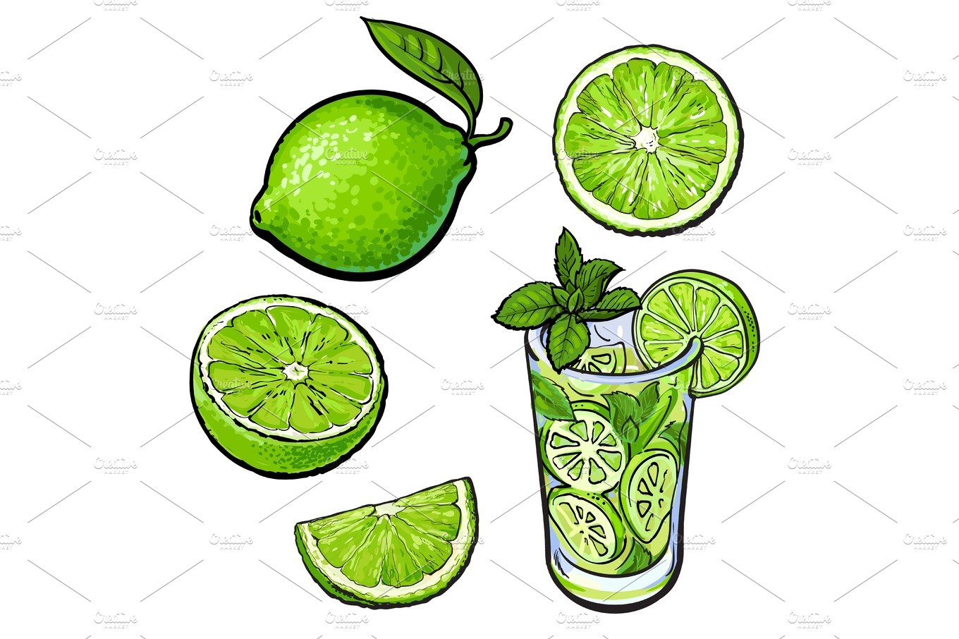 Whole, half, quarter lime and glass of lemonade with ice cover image.