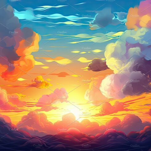 Illustrated sky with clouds, sun, stars, and sunrise or sunset. cover image.