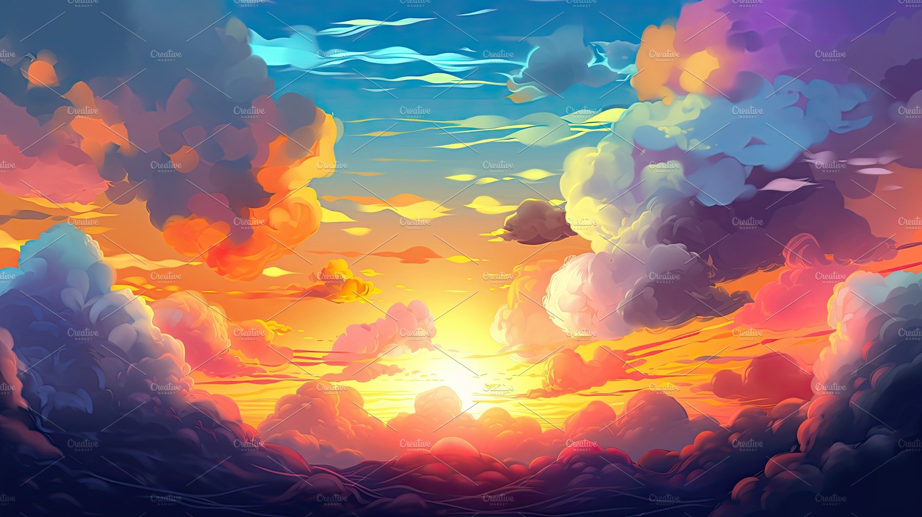 Illustrated sky with clouds, sun, stars, and sunrise or sunset. cover image.