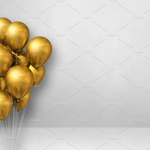 Gold balloons bunch on a white wall background. Horizontal banne cover image.