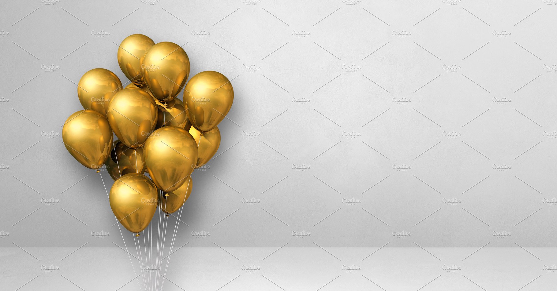 Gold balloons bunch on a white wall background. Horizontal banne cover image.