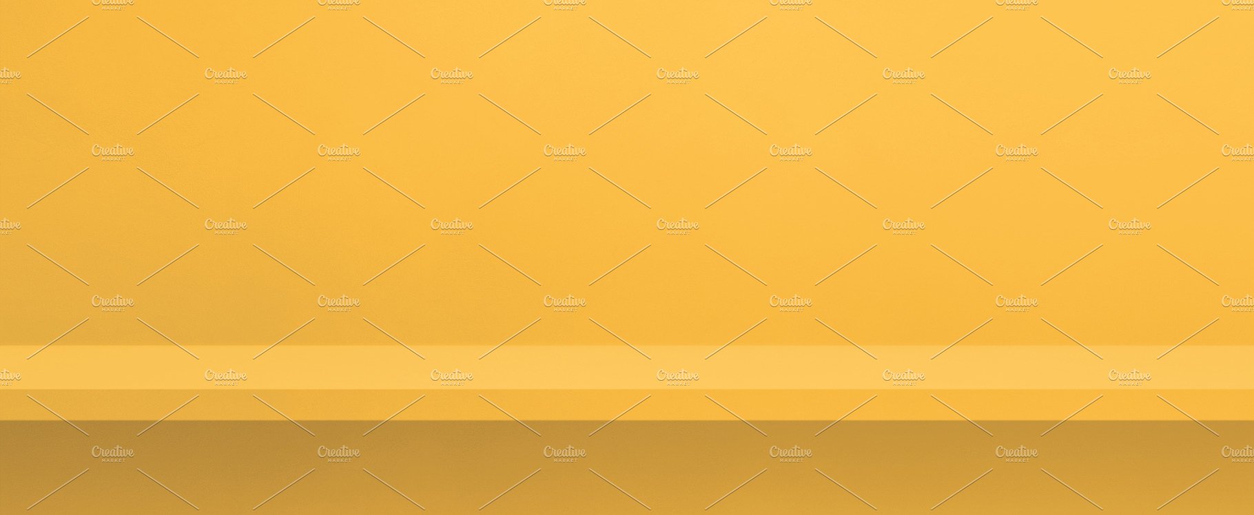 Empty shelf on a yellow wall. Background template. Horizontal ba cover image.