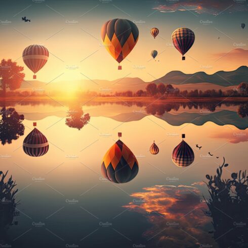 Hot Air Balloons Festival Flying Over a beautiful lake. Generati cover image.