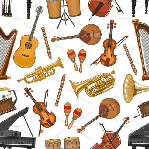 Vector musical instruments seamless pattern cover image.