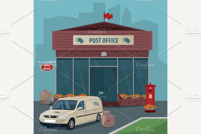 Exterior of post office and car of postal service cover image.