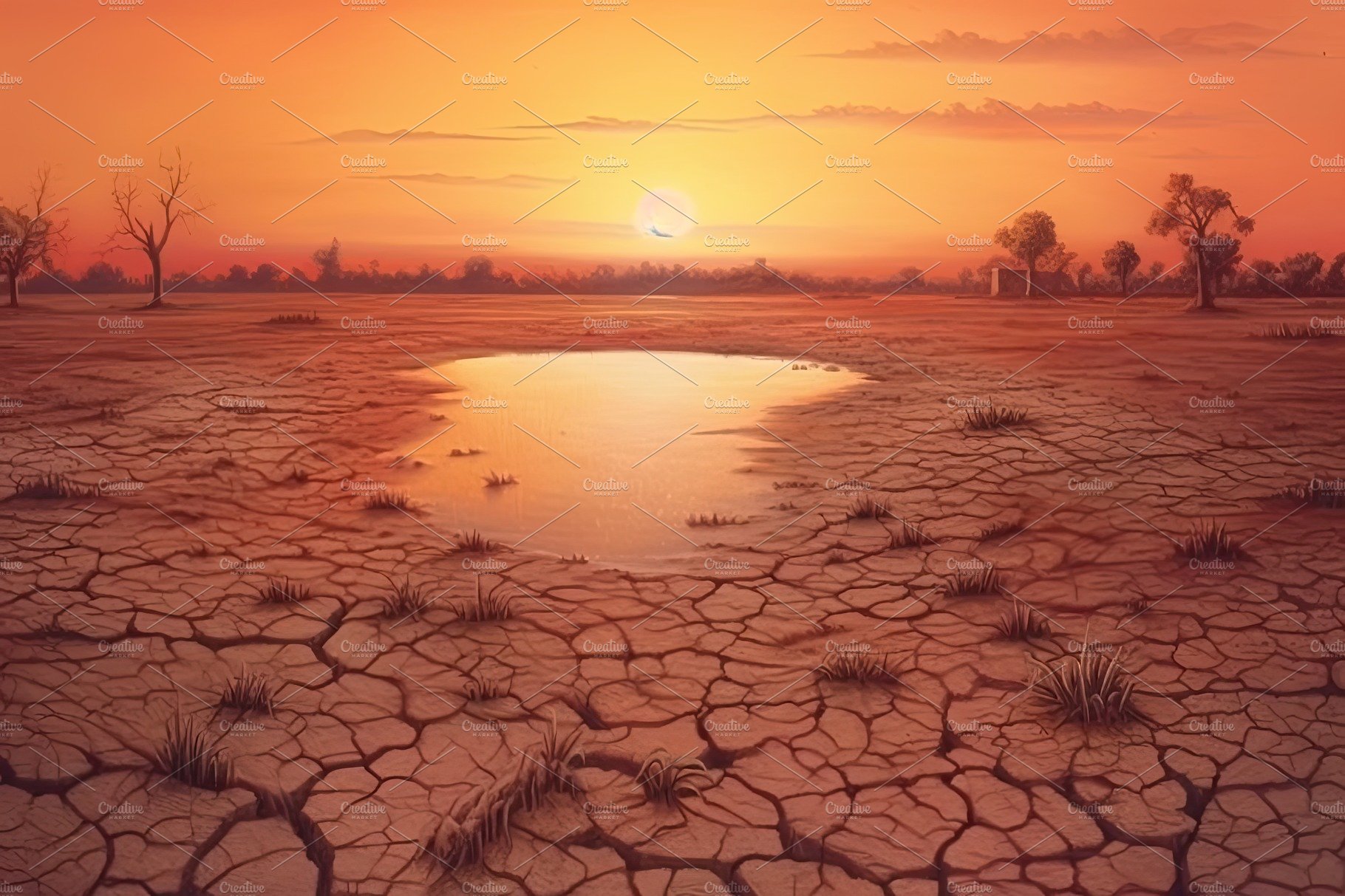 Dry land at sunset, representing drought and lack of water, climate change ... cover image.