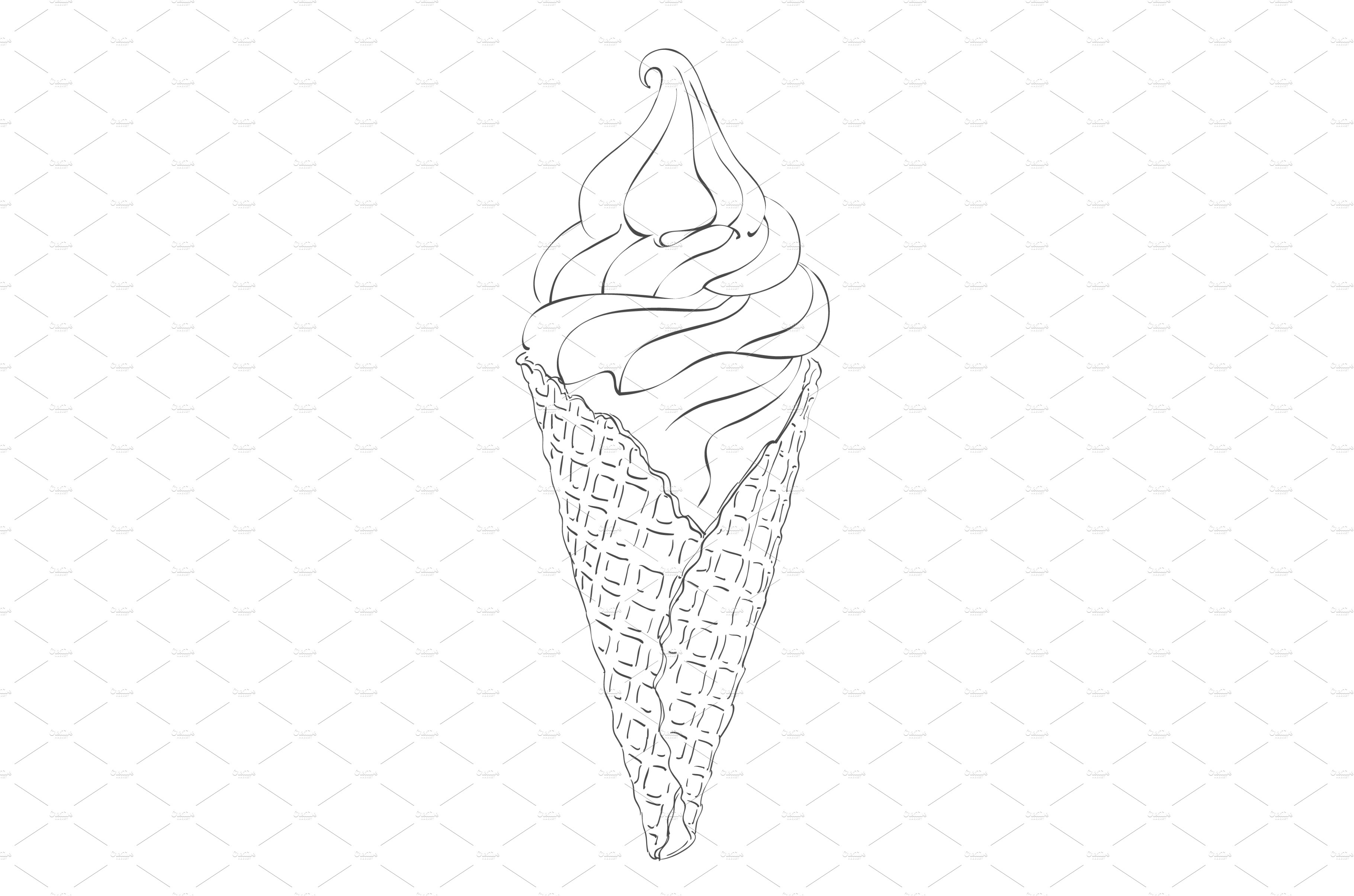 One scoop of ice cream in a waffle cone. Ink sketch isolated on