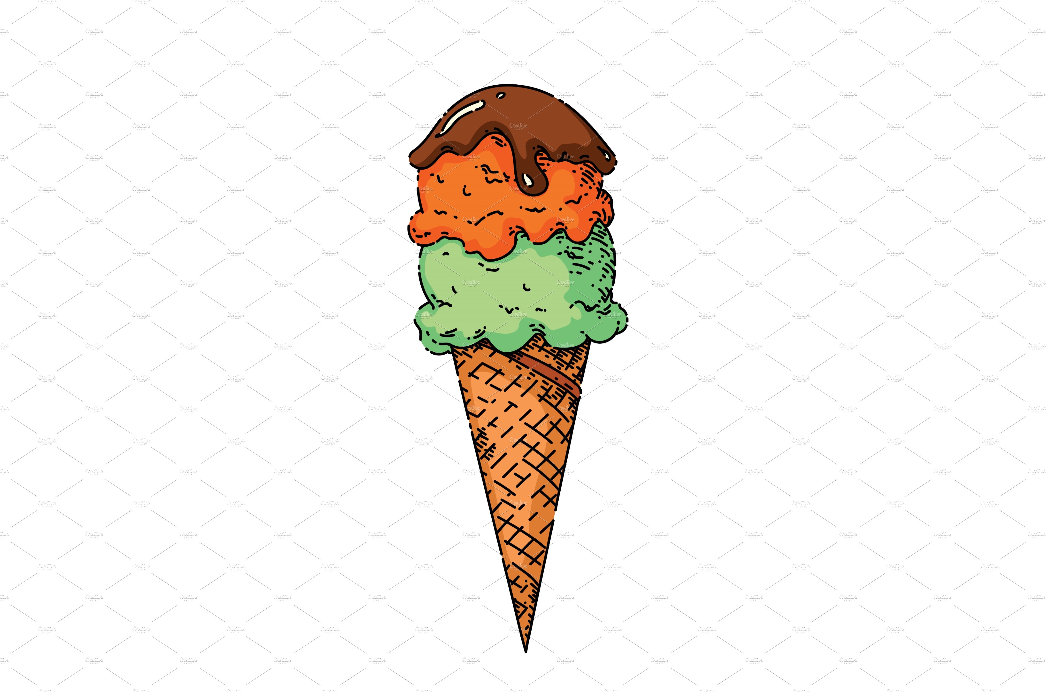 Vanilla ice cream in a waffle cone, watercolor drawing