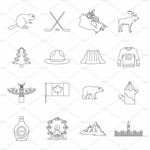 Canada travel icons set, outline cover image.