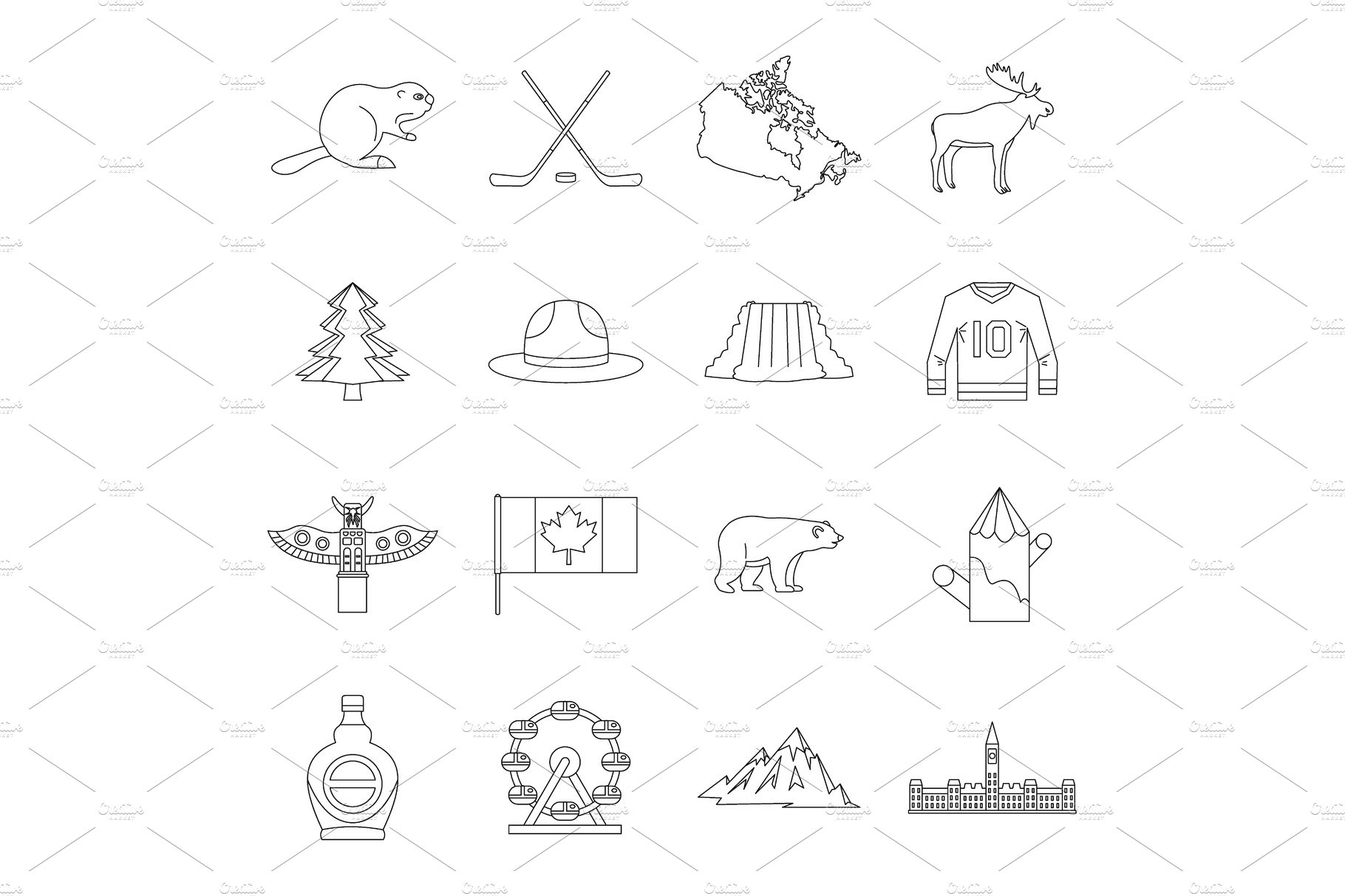 Canada travel icons set, outline cover image.