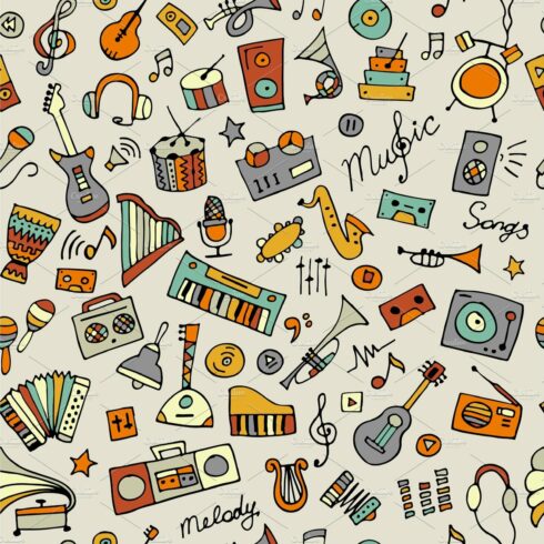 Music instruments sketch, seamless pattern for your design cover image.