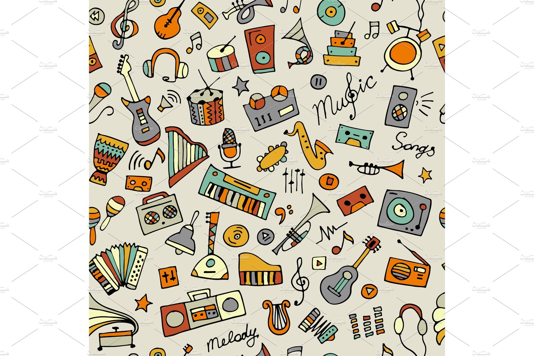 Music instruments sketch, seamless pattern for your design cover image.