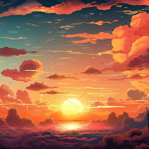 Illustrated sky with clouds, sun, stars, and sunrise or sunset. cover image.