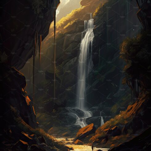 Beautiful vertical landscape with tall mountains, waterfall and a river. Ge... cover image.