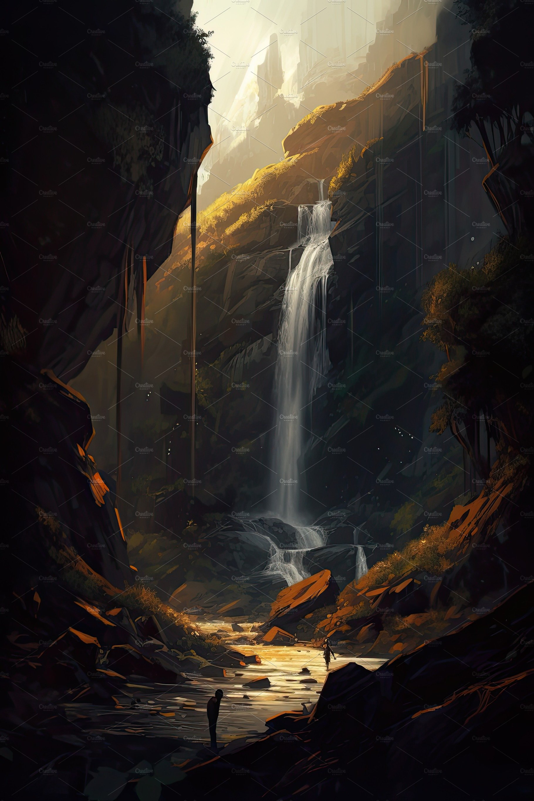 Beautiful vertical landscape with tall mountains, waterfall and a river. Ge... cover image.