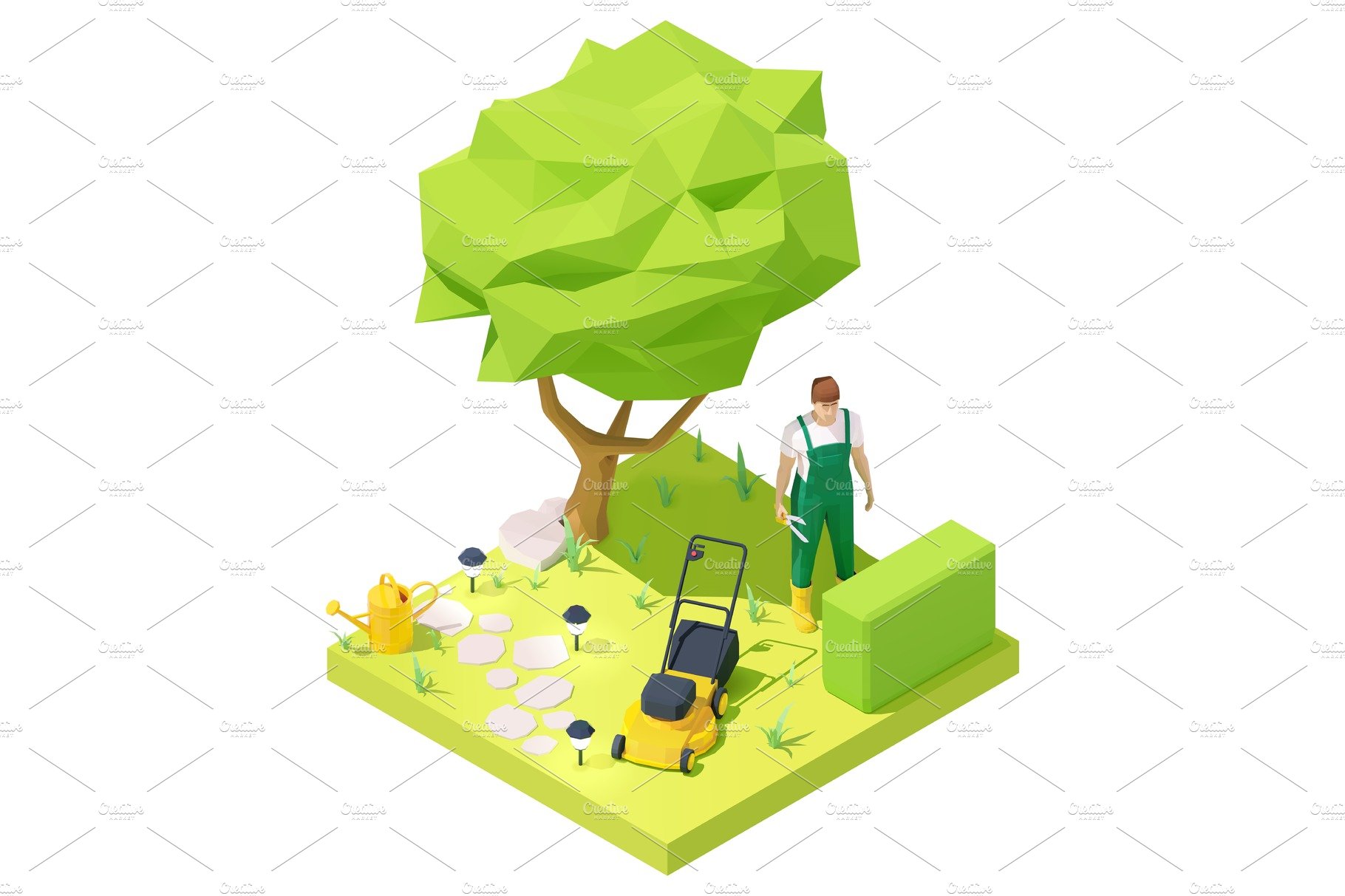 Isometric gardener working in garden cover image.