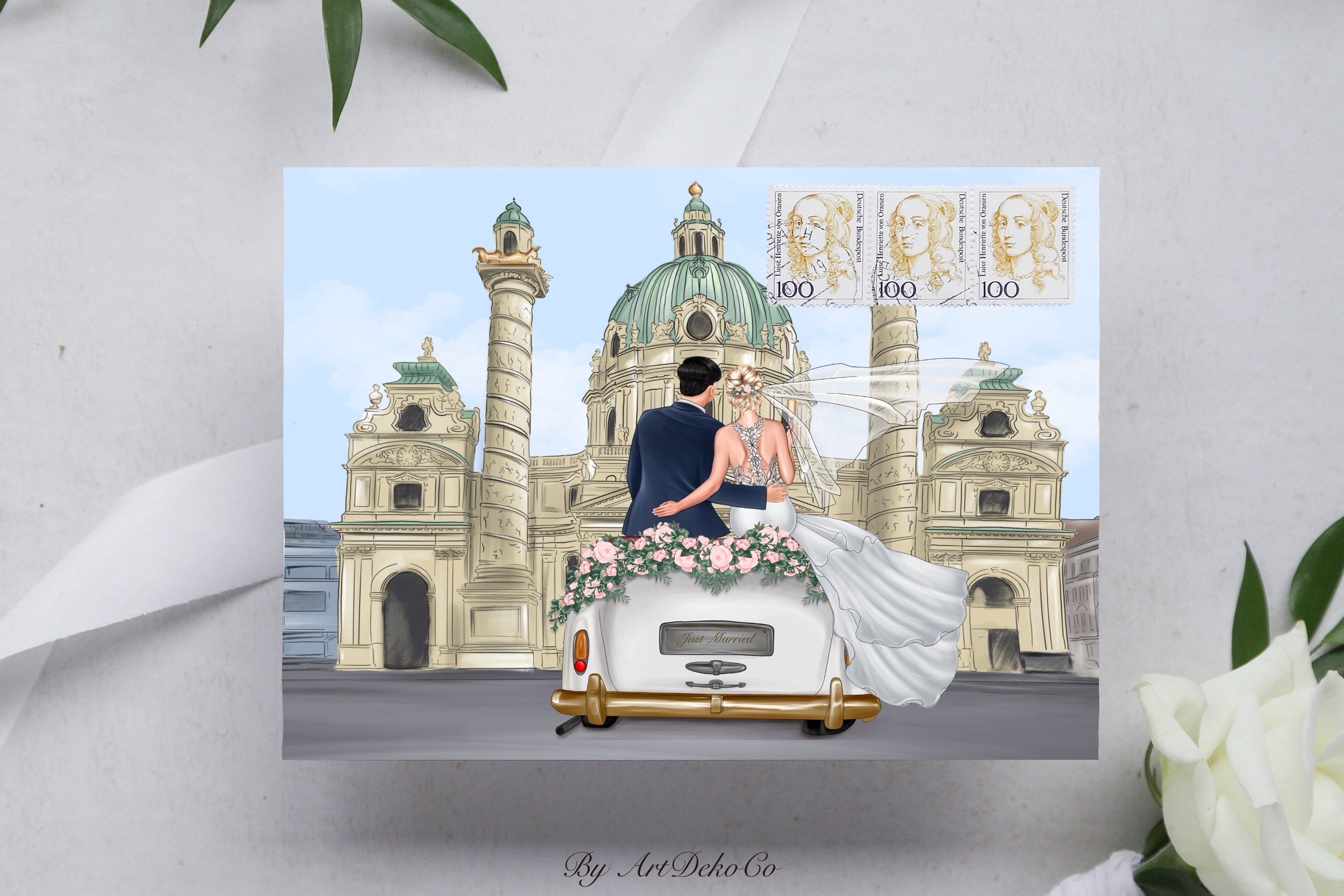 Bride and Groom Clipart Wedding Car preview image.