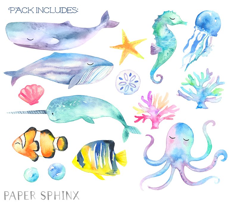 Sweet Sea Life Watercolor Pack preview image.