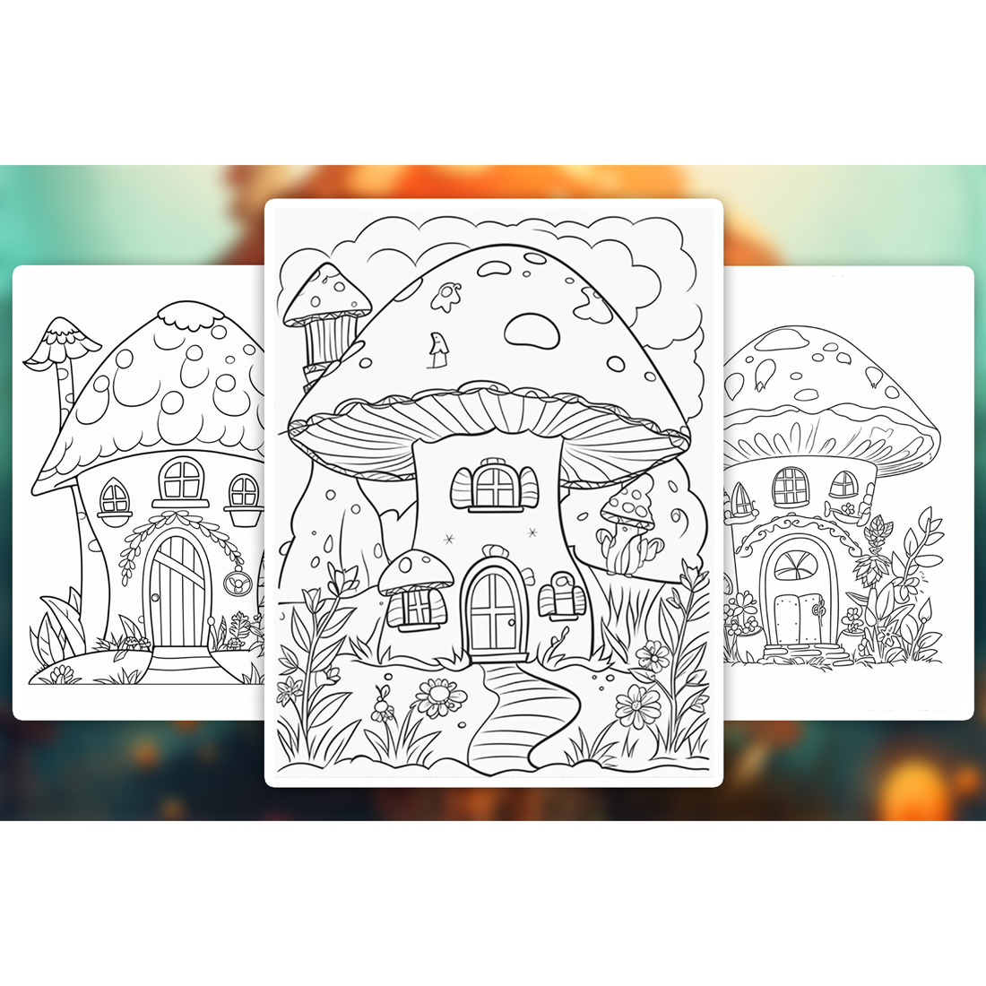 Fairy Houses Coloring Book Pages for Adults preview image.