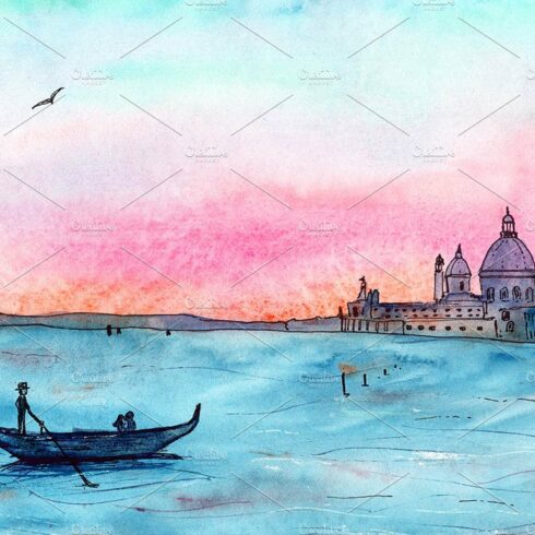 Sunset in Venice, watercolor sketch cover image.