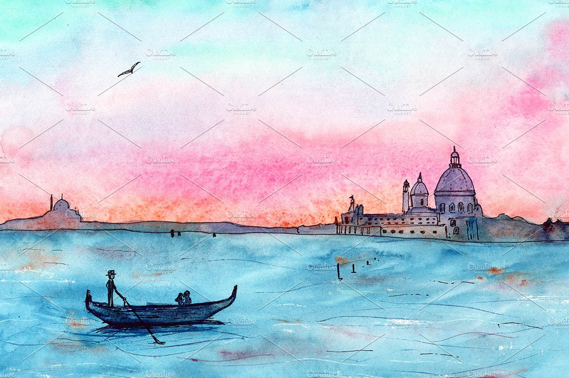 Sunset in Venice, watercolor sketch cover image.
