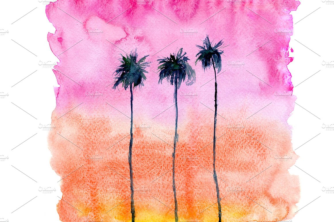 Watercolor sunset with palms preview image.